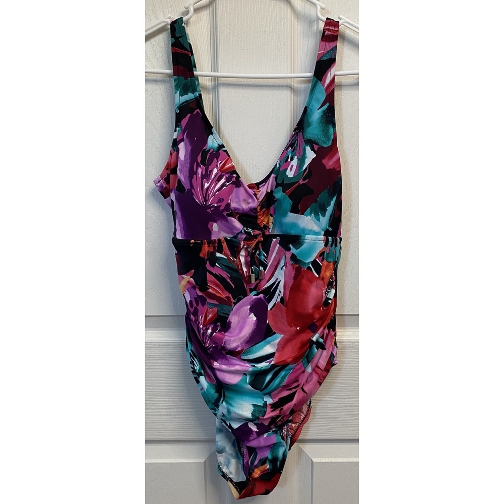 Vanishing Act By Magic Brands One Piece Black Floral Swimsuit Sz. 12 Ruching EUC